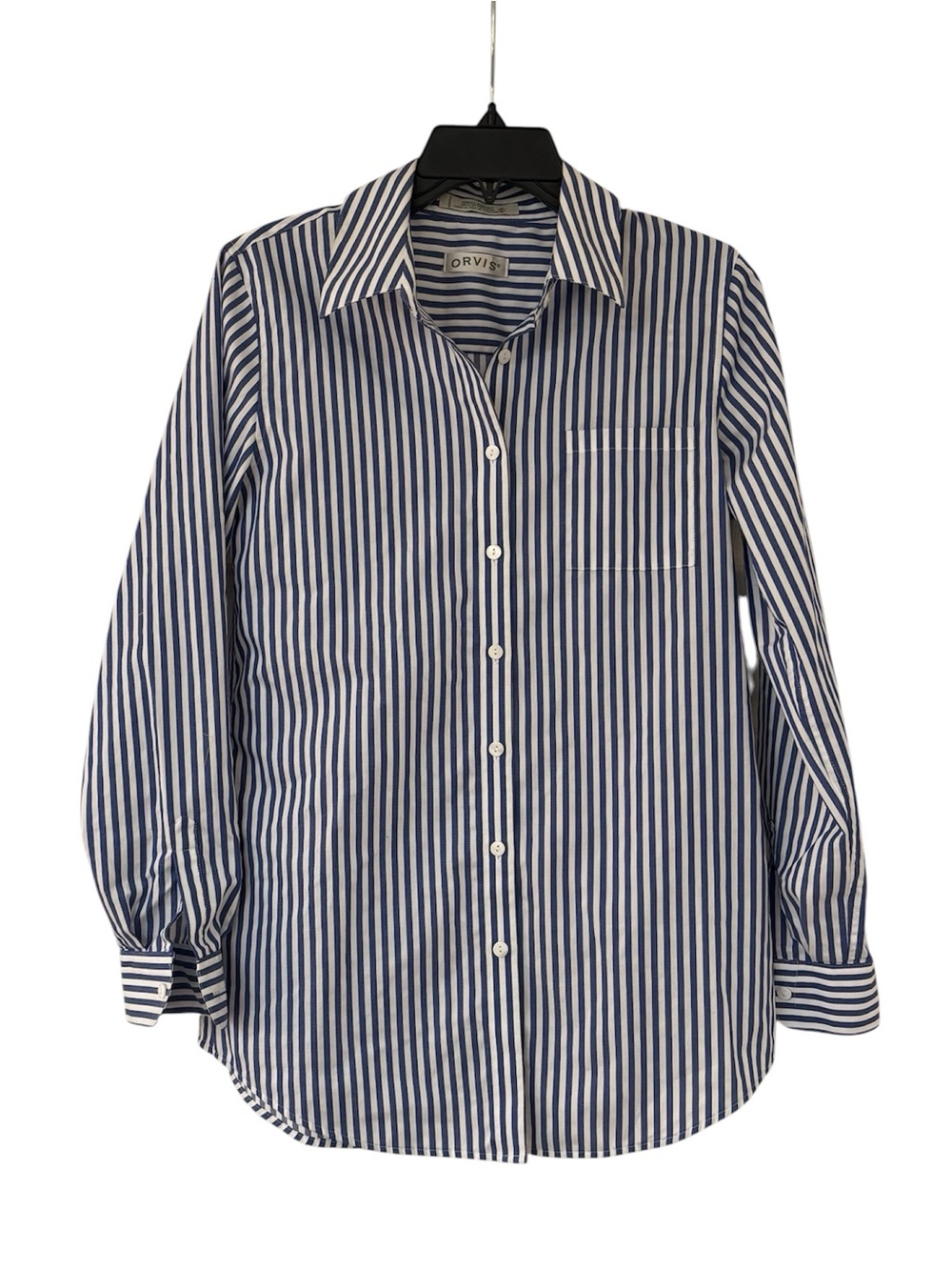 ORVIS Classic Blue and White Vertical Stripe Button Down Wrinkle Free Shirt